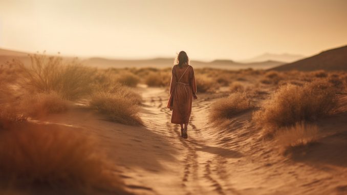 One woman walking on sand at sunset generated by AI