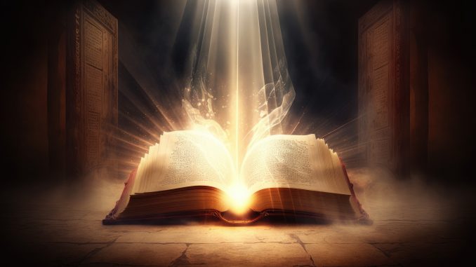 Holy Bible with rays of light coming out. AI generative.